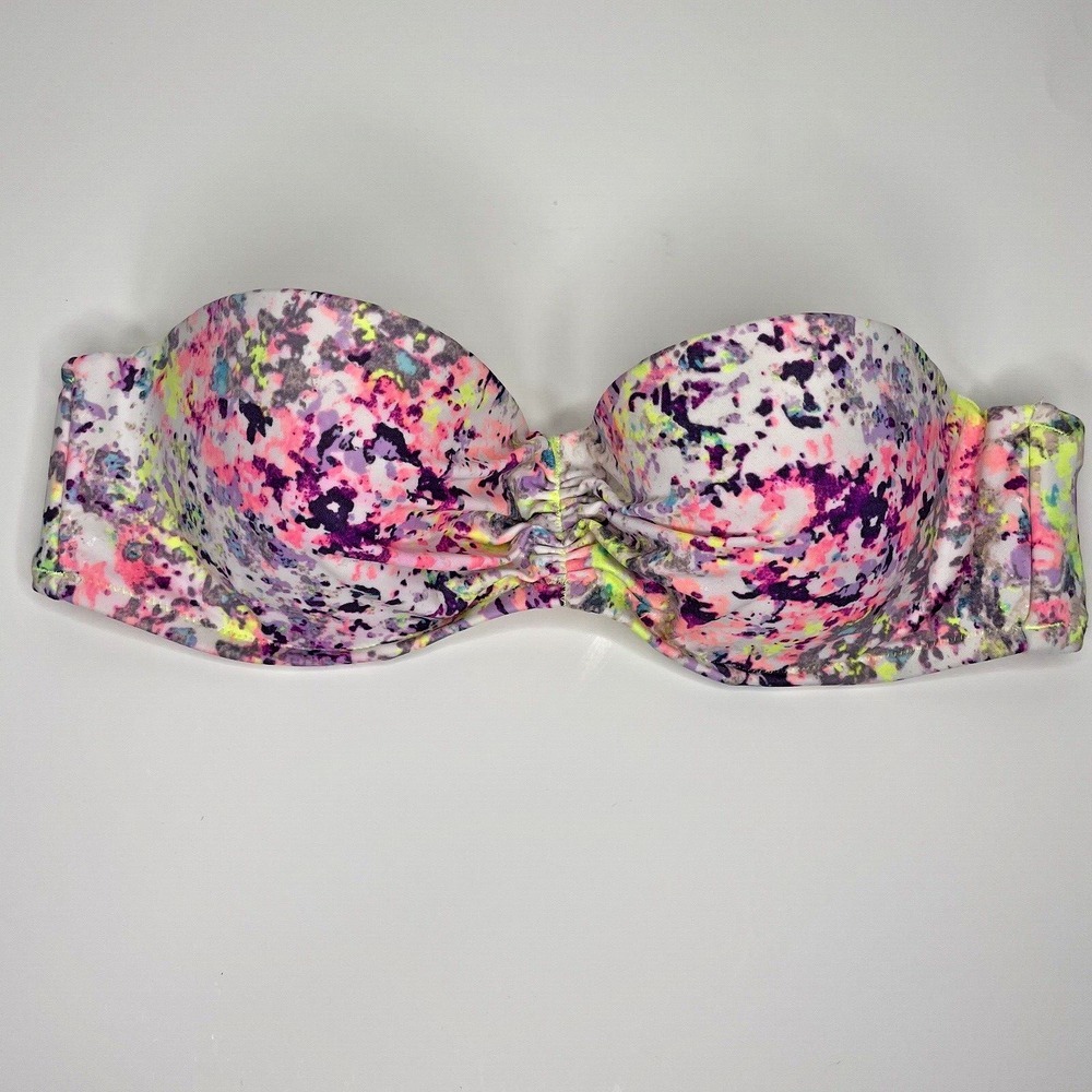 Victoria Secret Push Up Bikini Top Size 34B White w/ Multicolor Splatter Design